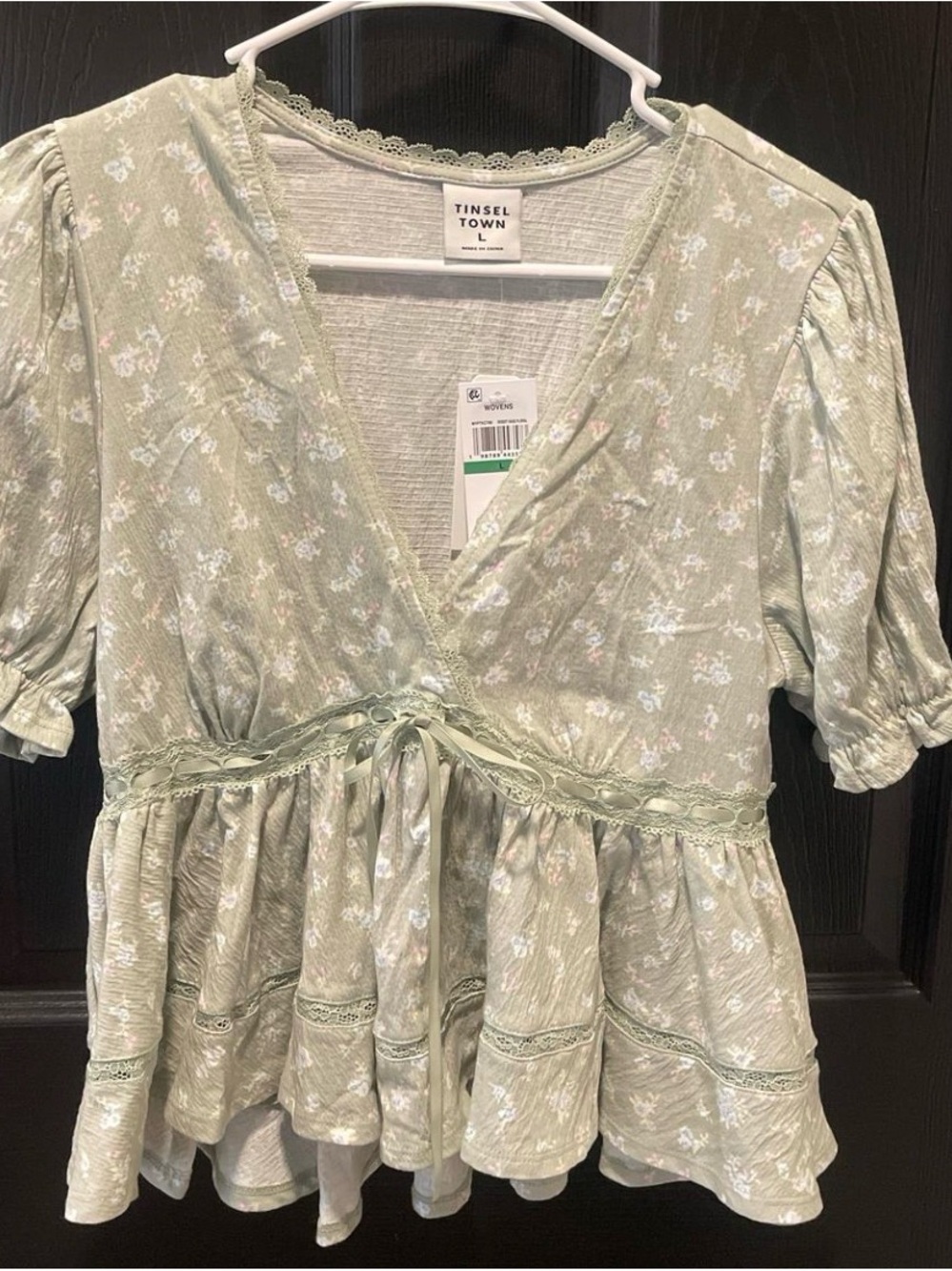 Tinseltown Light Sage Floral Tie-Front Peplum Blouse